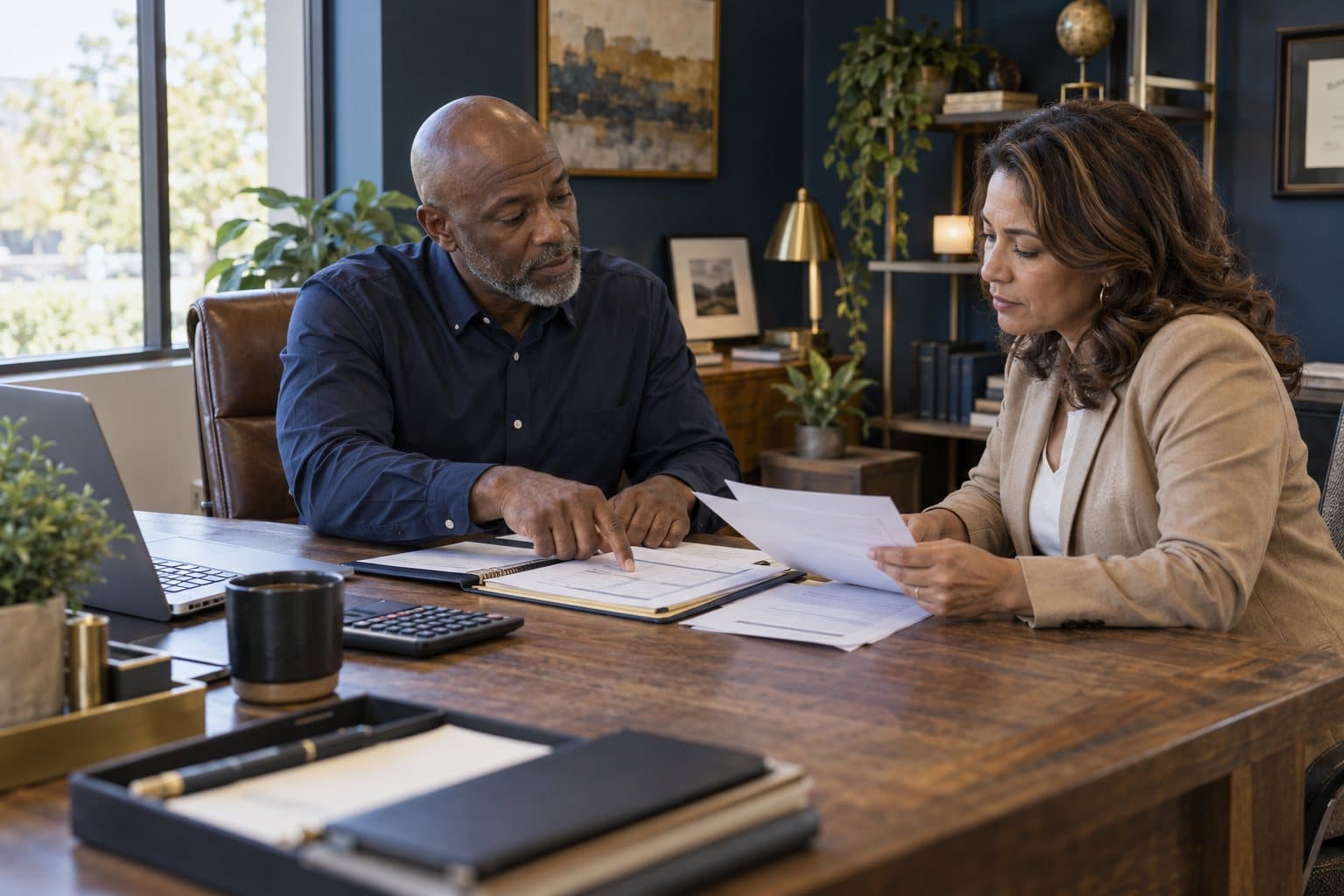 A CPA helping a business owner review financial records for a tax-resolution case