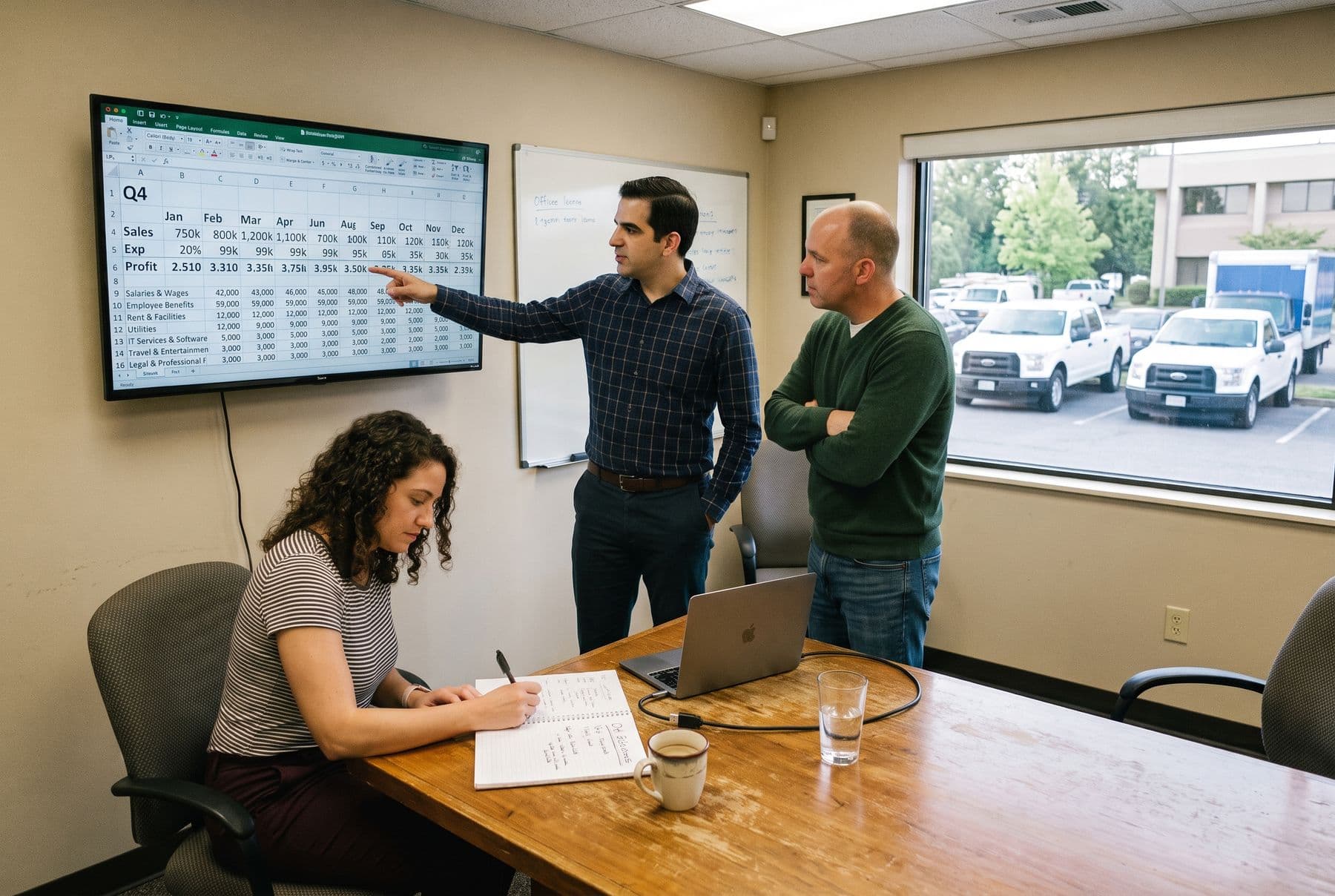 A planning session with a financial chart on a wall-mounted screen