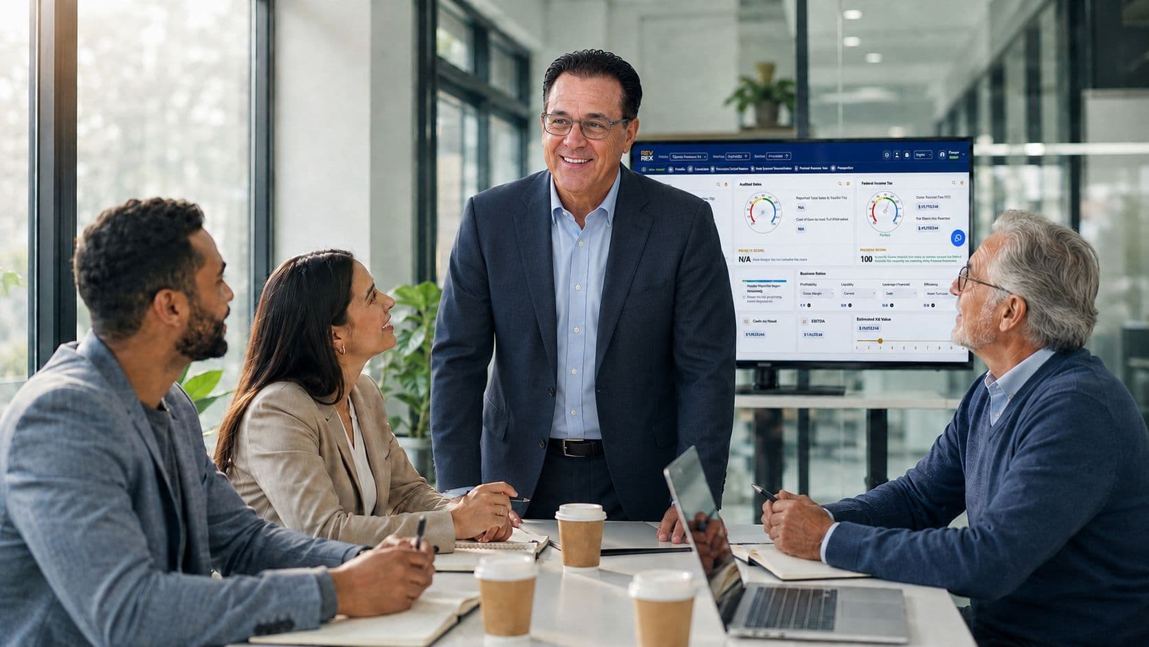A firm team reviewing the REVREX dashboard on a large screen